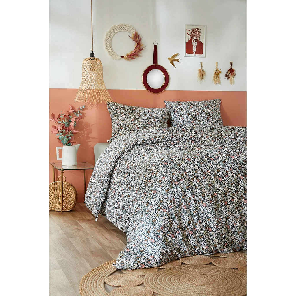 Housse De Couette 240x220 Cm Et 2 Taies D'oreiller 60x60cm En Coton Imprimé Fleurs - Malia 4 Housse De Couette 240x220 Cm Et 2 Taies D'oreiller 60x60cm En Coton Imprimé Fleurs - Malia – Image 2