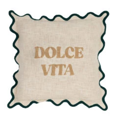 Housse De Coussin Brodée Dolce Vita En Coton Beige Et émeraude 45x45cm - Lumi