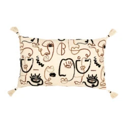 Housse De Coussin Rectangulaire Visage Brodée écru, Brun Et Noir 50x30cm - Terre Brulée