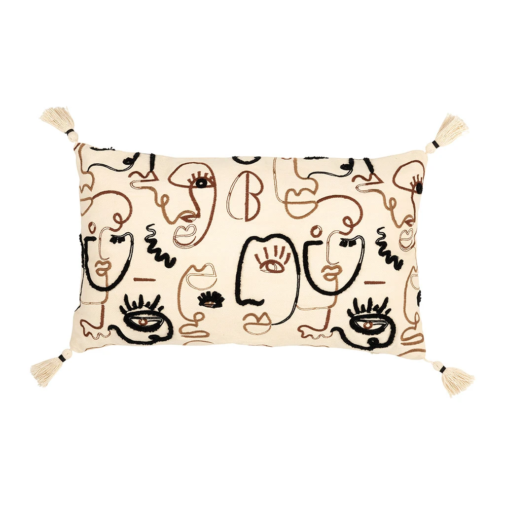 Housse De Coussin Rectangulaire Visage Brodée écru, Brun Et Noir 50x30cm - Terre Brulée 3 Housse De Coussin Rectangulaire Visage Brodée écru, Brun Et Noir 50x30cm - Terre Brulée